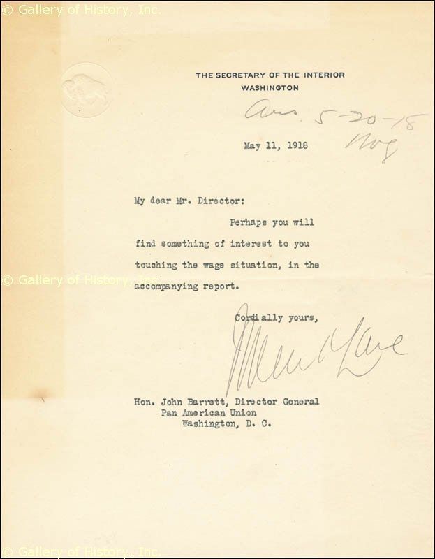 Franklin K Lane Typed Letter Signed 05 11 1918