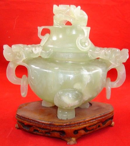 Antique Chinese Jade Censor Wood Base Dragon Incense Burner Rings