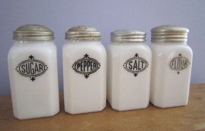 Vintage Hazel Atlas Milk White Glass Shakers Salt Pepper Flour Sugar