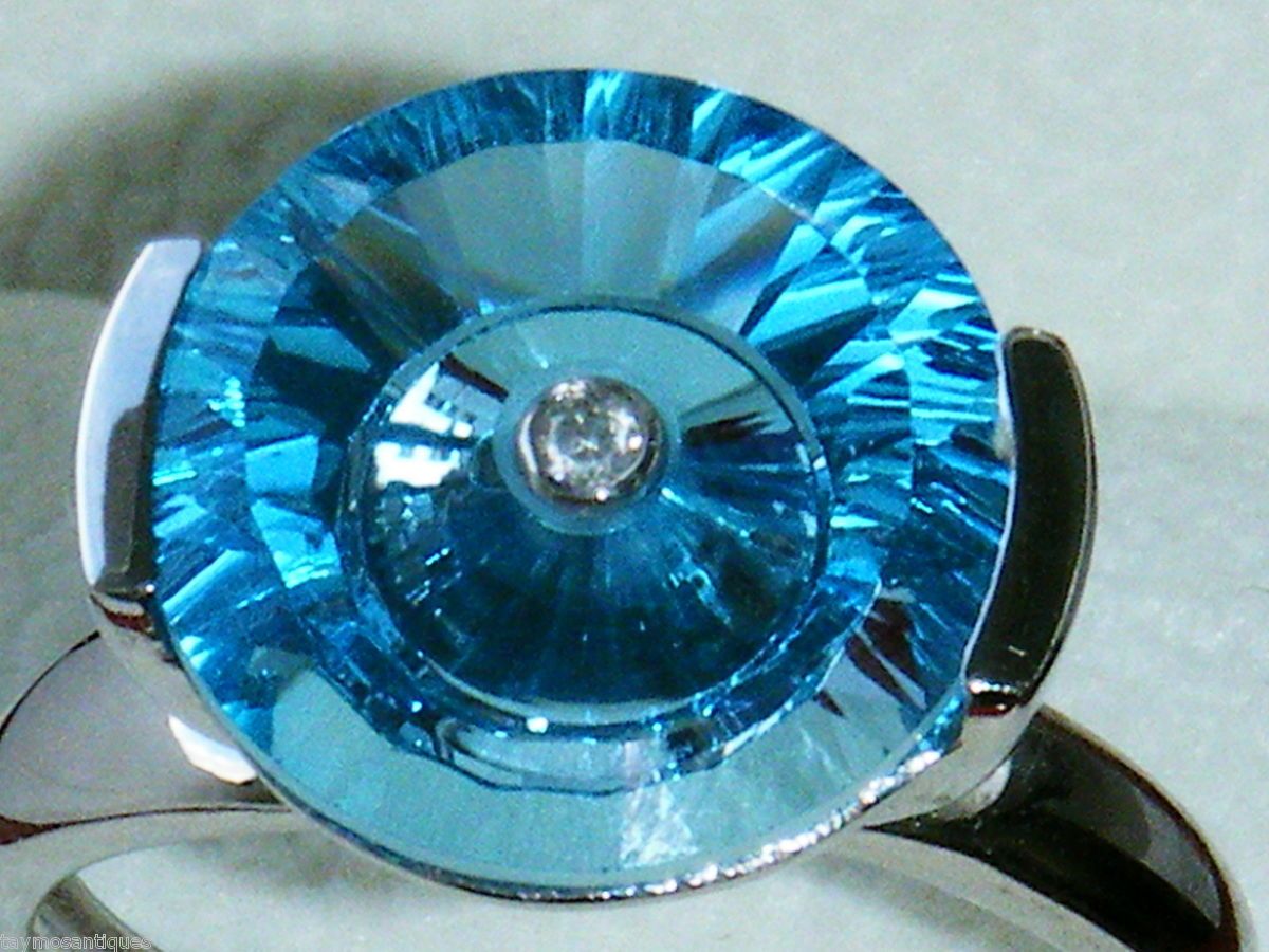 Superb 9ct White Gold Glenn Lehrer Huge Blue Topaz Diamond Ring Size S