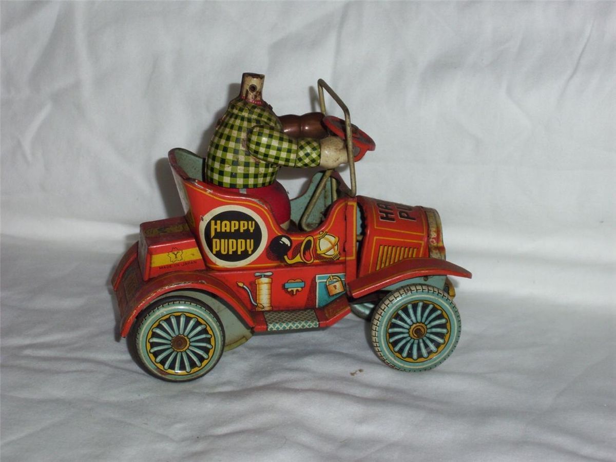 Vintage Tin Jalopy Happy Puppy Car Friction Japan Toy