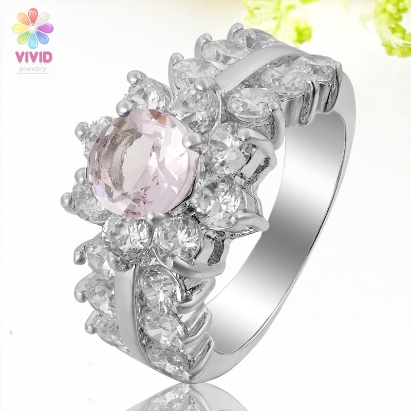  Cut Pink Sapphire Rhinestone 18K White Gold Plated Ring Sz 6