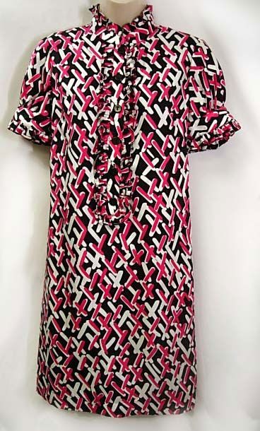Maggy London Silk Twill Geometric Print Tunic Dress with Ruffles Sz 6