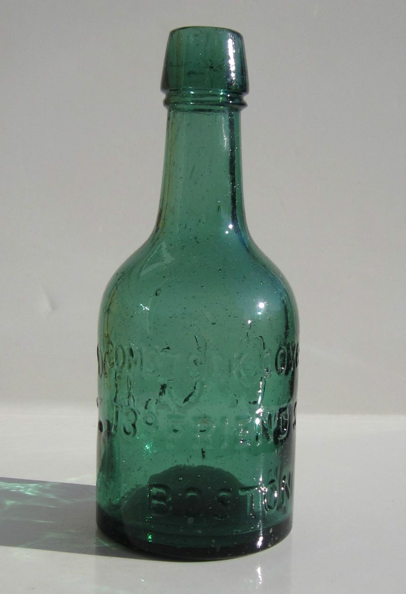  Green Squat Soda Bottle COMSTOCK GOVE CO 139 Friend Street Boston Mass