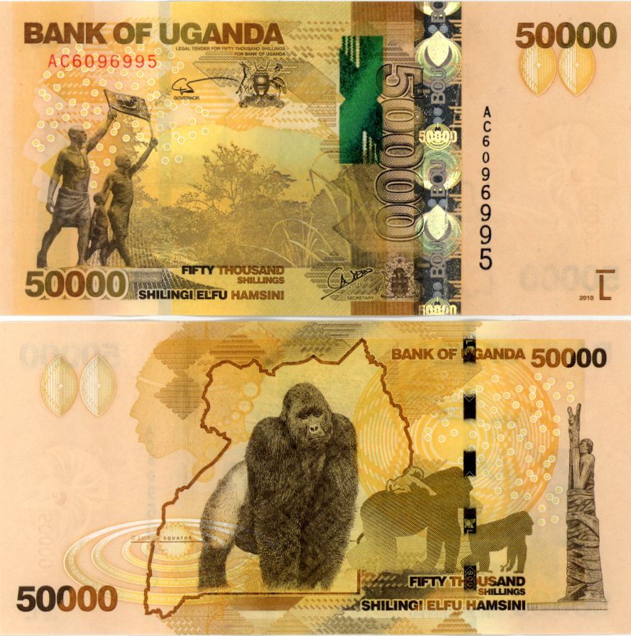 Uganda 50000 Shillings P New AU Note Gorillas 2010