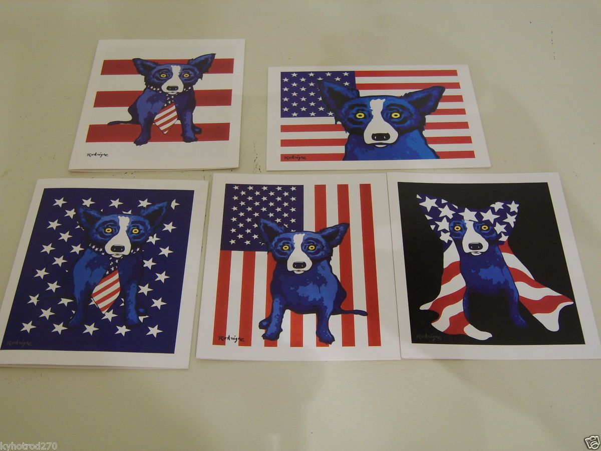 Lot of 5 george rodrigue Blue Dog Red, White and Blue Dog Cards with