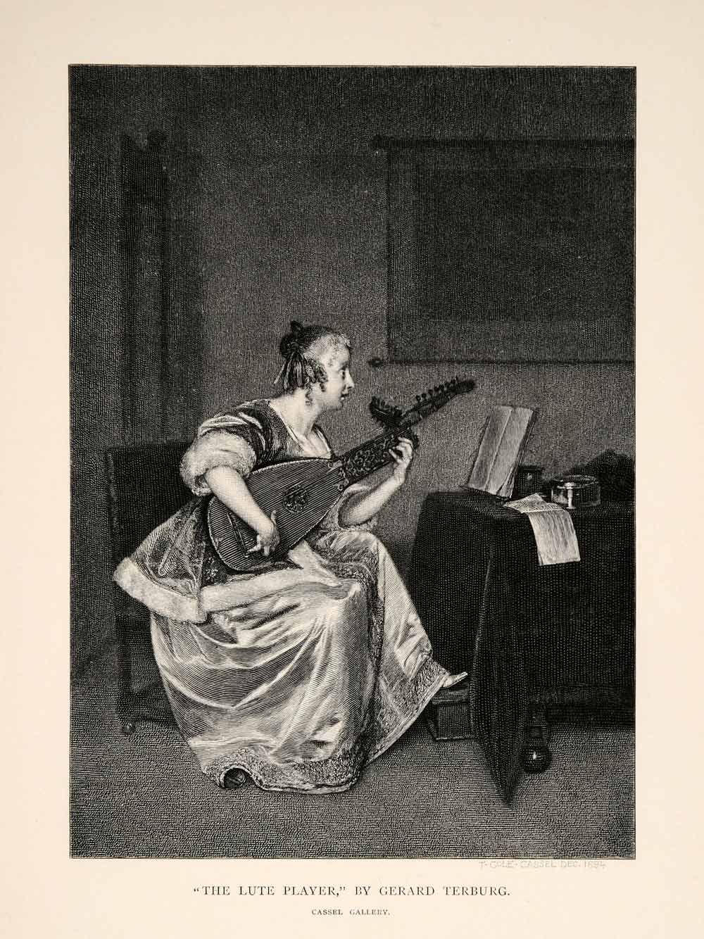 1895 Wood Engraving Timothy Cole Gerard Terburg Lute Player Dutch