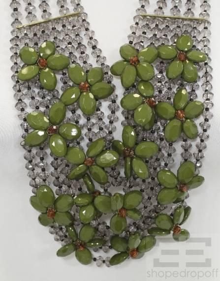 Designer Grey Green Flower Beaded Multistrand Necklace