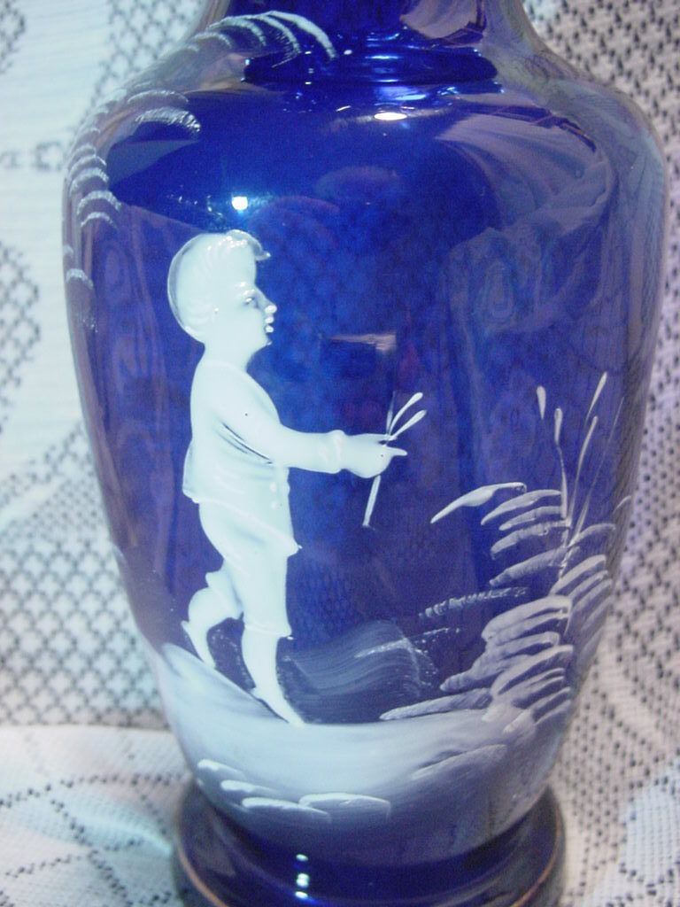 Antique Mary Gregory Cobalt Blue Vase Walking Boy Europe C 1900