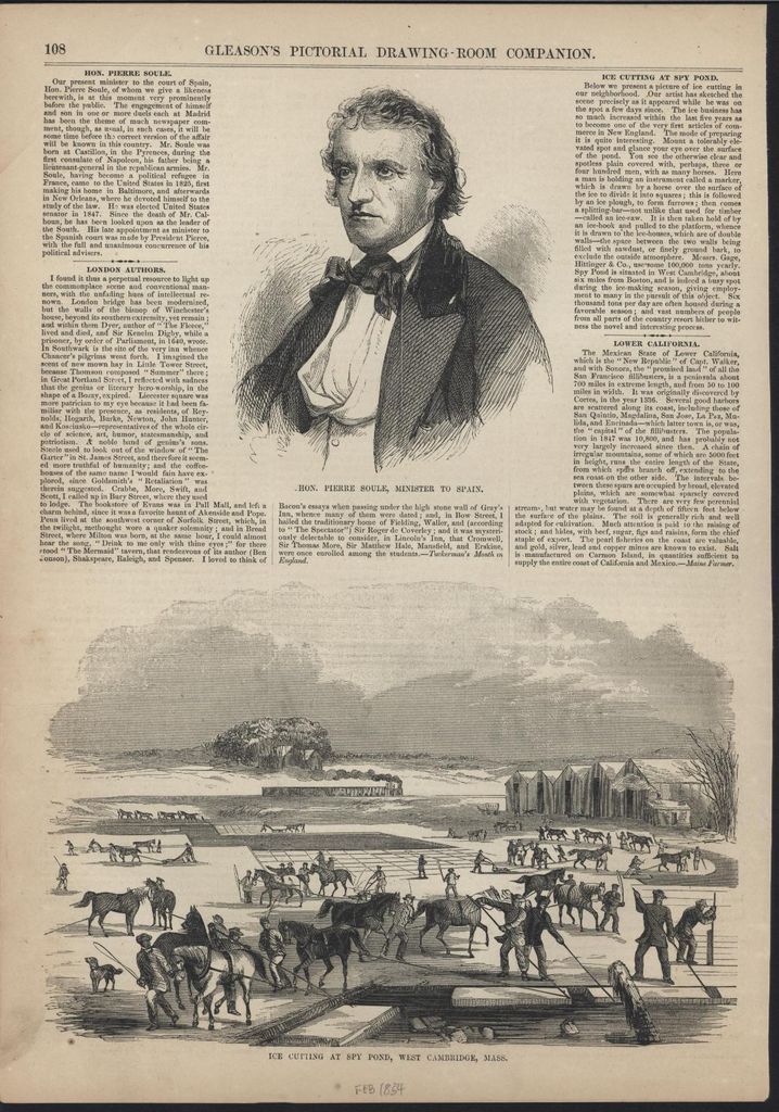 Ice Cutting Spy Pond Cambridge Massachusetts 1854 Gleason antique