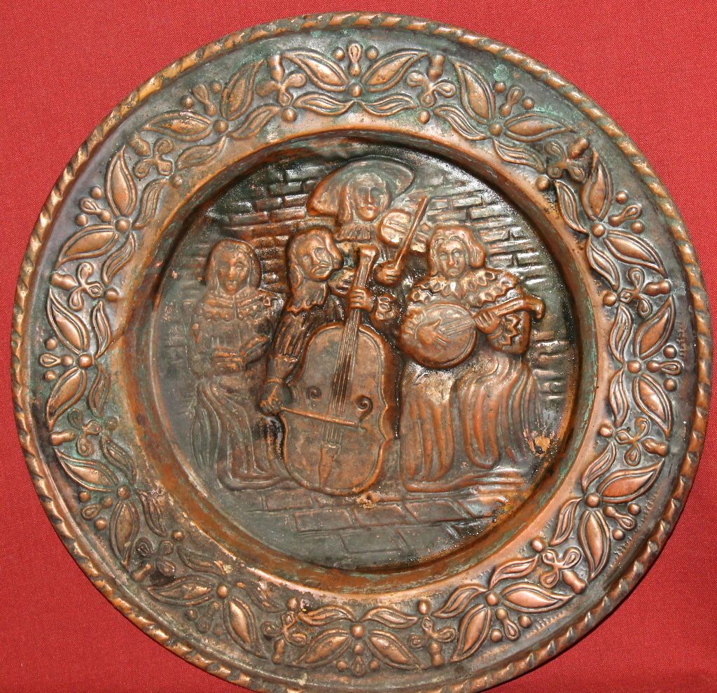 antique art deco floral musicians copper wall hanging plate from