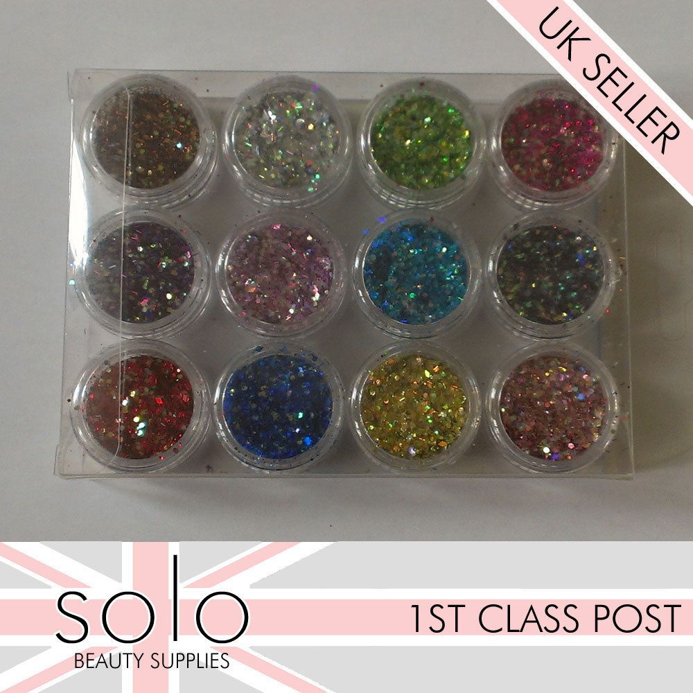  Pots Glitter Holographic Shapes Colours Nail Art Tips Crafts Rockstar