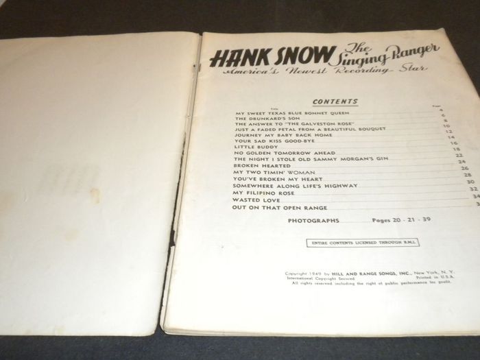 1949 hank snow the singing ranger music book americas newest recording