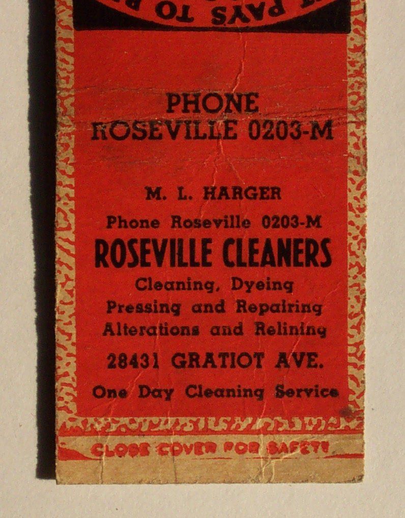 1930s Matchbook Cleaners Harger Gratiot Roseville MI