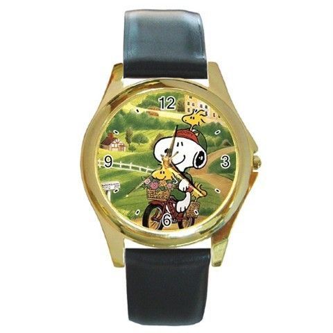 Snoopy & Peanut Riding a Bike Gold Tone Leather Band Round Quartz