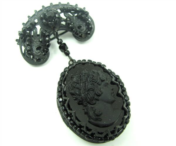 Vintage Miriam Haskell Locket Brooch Mourning Beaded Jet Black Pin