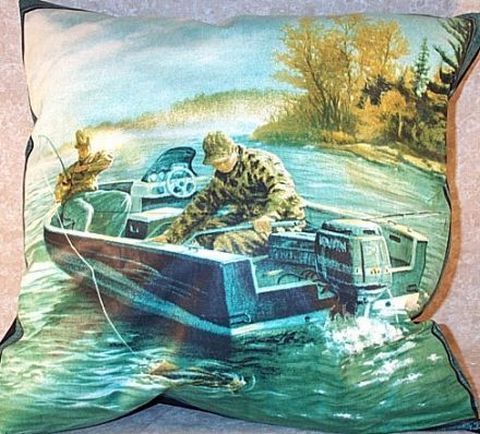 Pillow Fisherman Fish Lake Motorboat Green Blue New