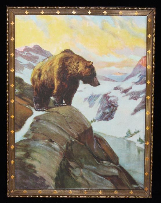 Herbert Denton 1920s Cabin Art Deco Gesso Framed Print Brown Bear