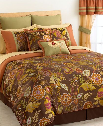 Heritage Floral Brown Orange Floral 24P Queen Bed Set