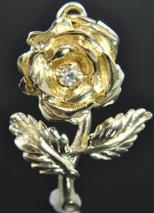 Henry Dankner Estate Vtg 14K Yellow Gold Diamond Rose Flower 3D Charm