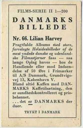 LILIAN HARVEY Vintage 1936 Danmarks Film Stars Trading Card #66