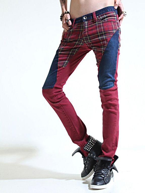   mens checked baggy pants denim slim pants mens hip hop jeans model