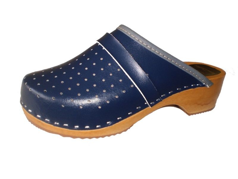 Marited Handmade Clogs Wooden Sole Navy Blue Natural Leather