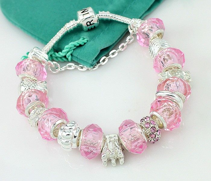 Hermosa Pink Crystal Diamond Charms Silver Bracelet 8