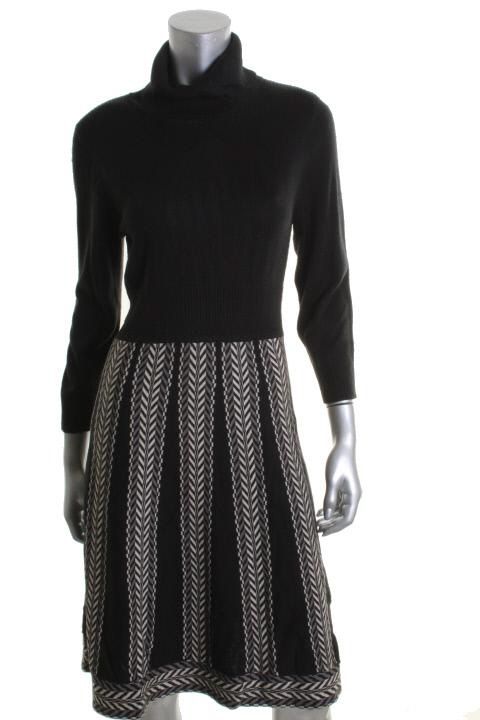 Jessica Howard Black Ivory Pattern Turtleneck Wear to Work Dress