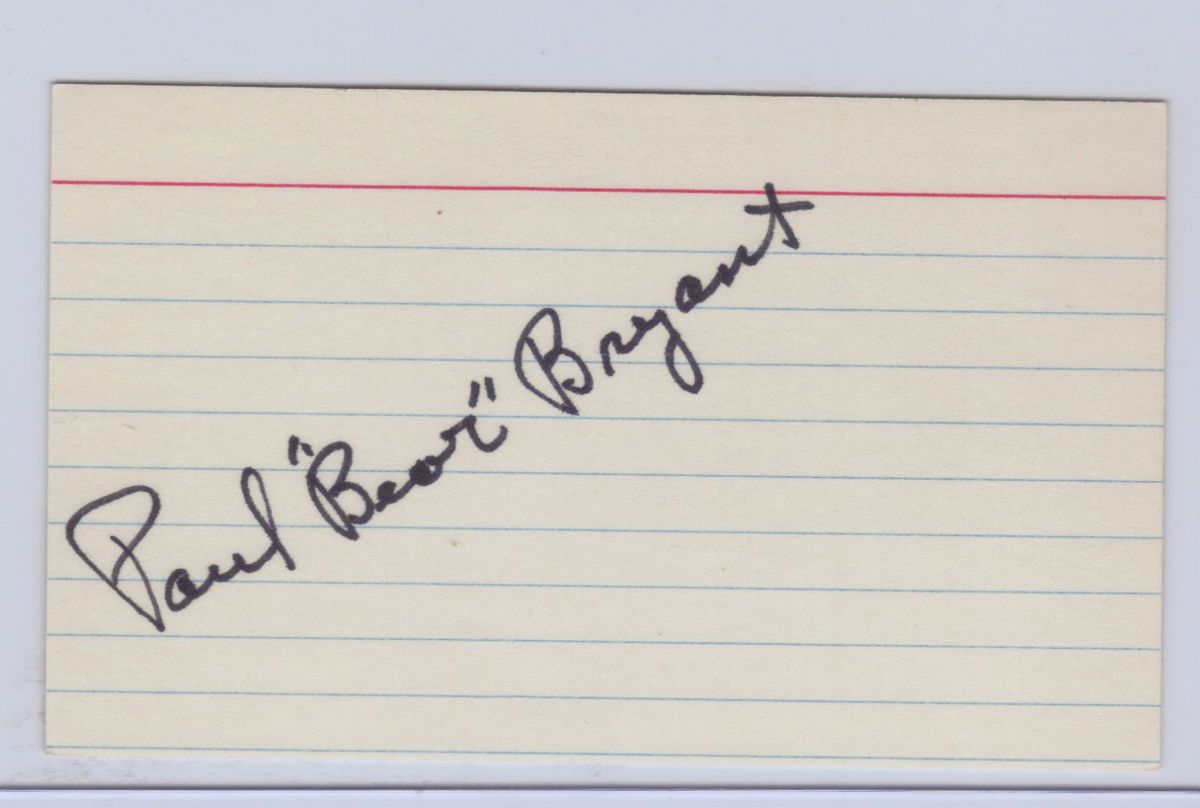  BEAR BRYANT AUTO HAND SIGNED INDEX CARD FOOTBALL ALABAMA CRIMSON TIDE