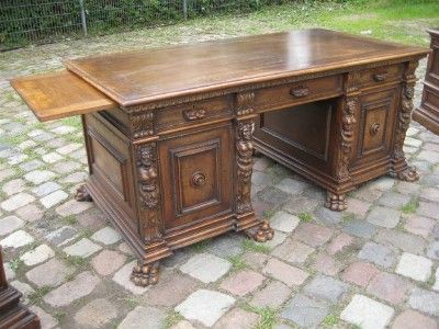 Nice German Walnut Carved Antique Figural Desk