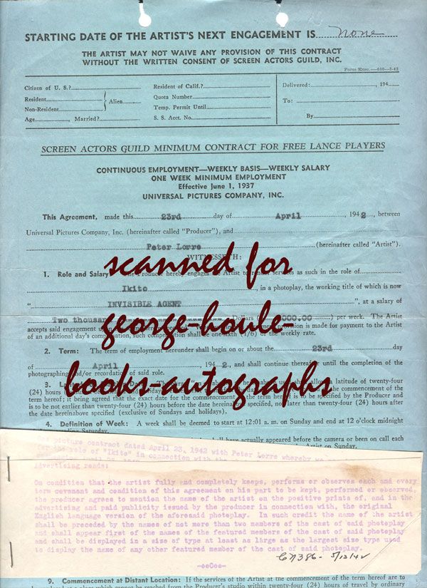 Peter Lorre Document Signed Invisible Agent 1942