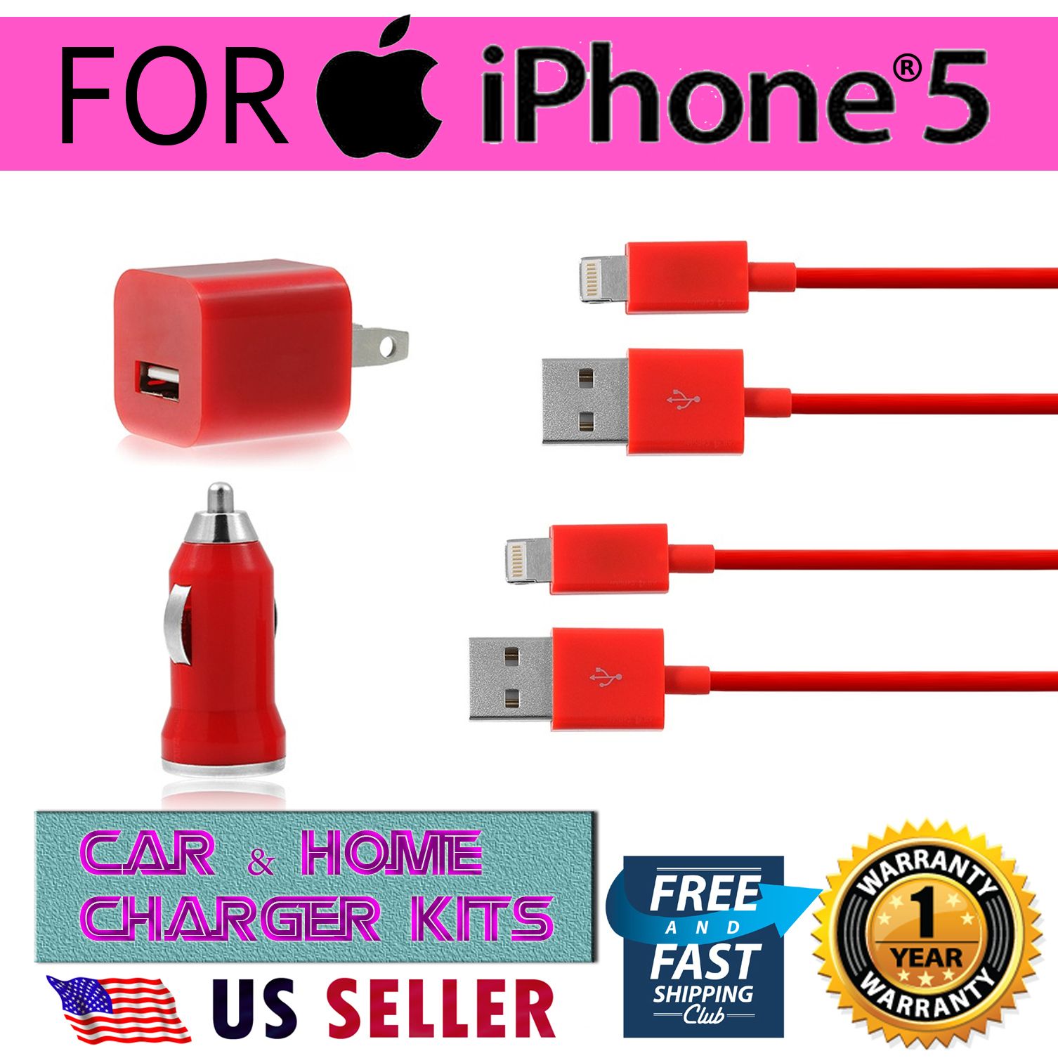  Wall&Car Charger+8 Pin USB Cable For iPhone 5 Ipod touch5 ipod nano 7