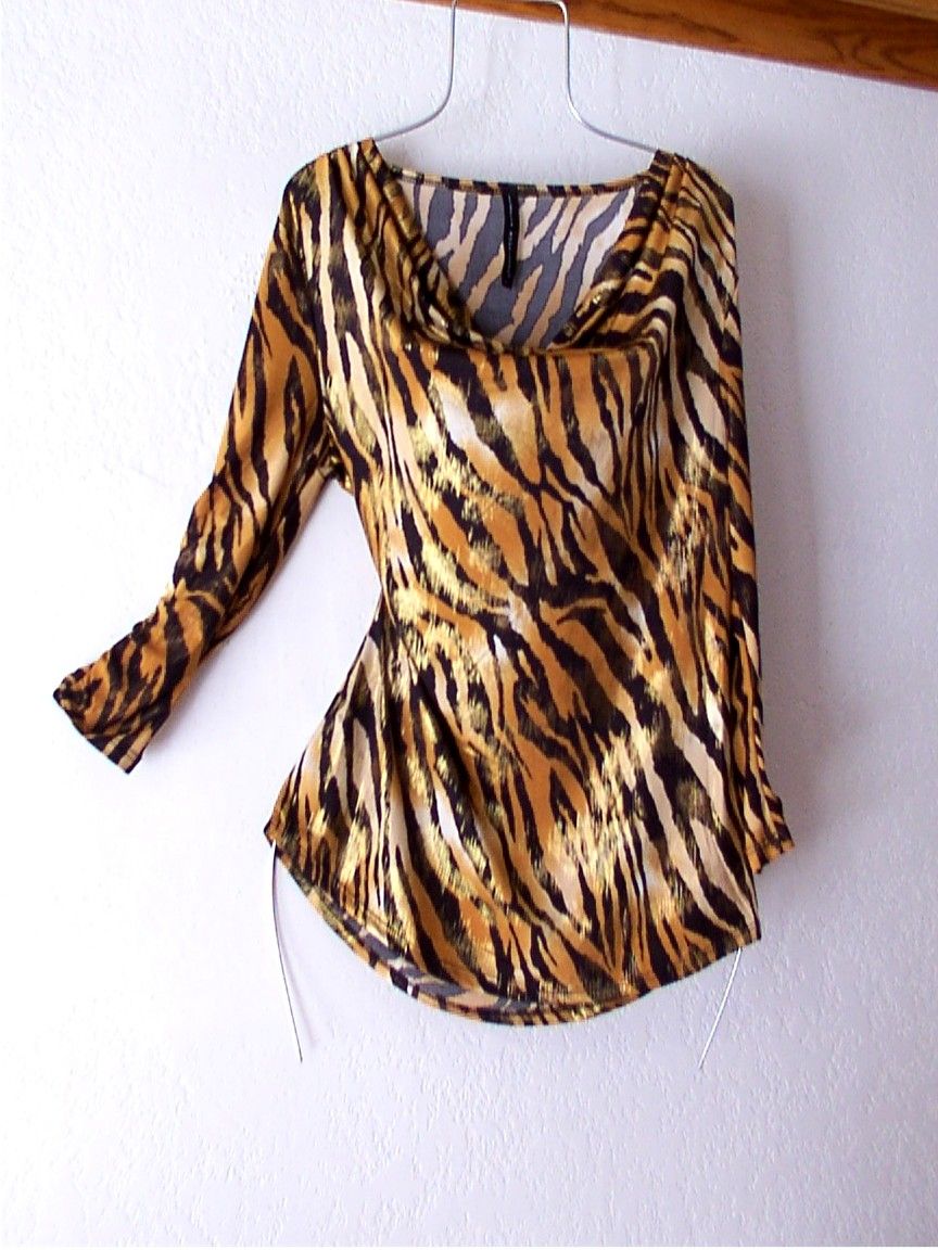 New Tiger Stripe Animal Print Black Gold Metallic Blouse Shirt Top 8