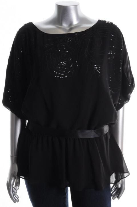 Jr Nites New Black Chiffon Over Sequins Slit Dolman Sleeves Blouse Top