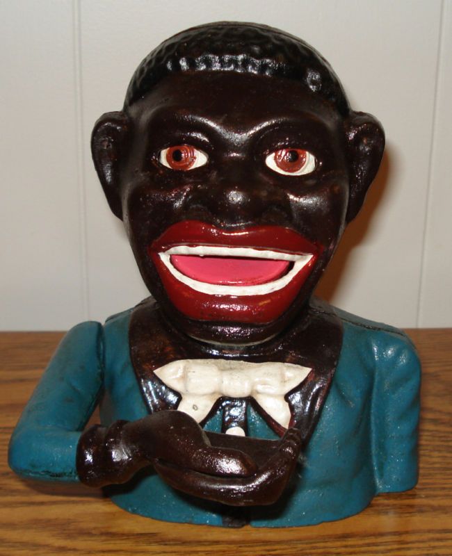   JOLLY BLACK BOY MECHANICAL COIN BANK BLACK AMERICANA says J STEVENS