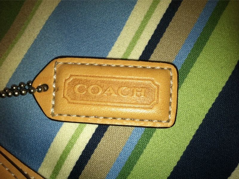 Coach Authentic Blue Tan Leather Stripe Small Handbag Purse L3J 7744