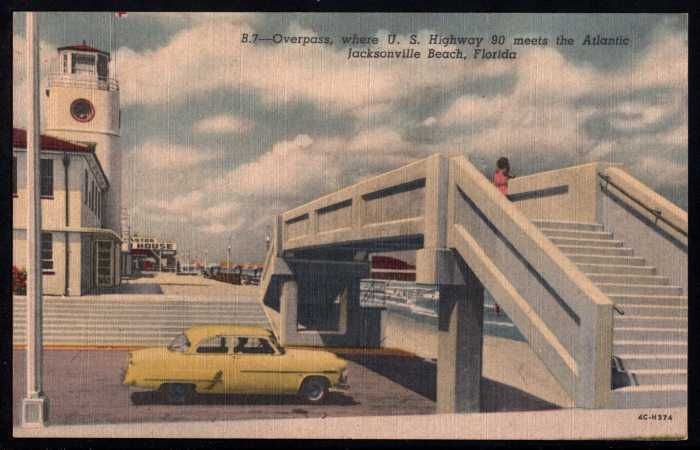 FL Jacksonville Beach Pedestrian Overpass Oldcar 1950s