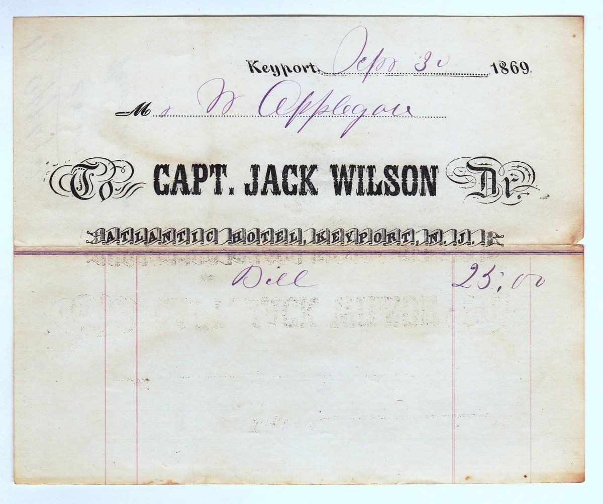 CAPTAIN JACK WILSON KEYPORT NEW JERSEY ATLANTIC HOTEL RECEIPT 1869