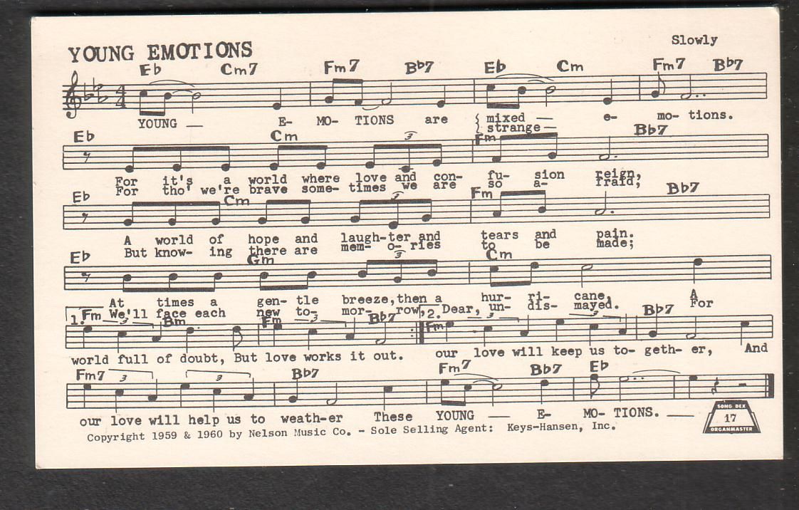 Rick Ricky Nelson 1960 Performing Rights Info Card Young Emotions