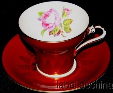 Aynsley Teacup Saucer Corset Waist Carmine Red w Gold Gilt Filigree