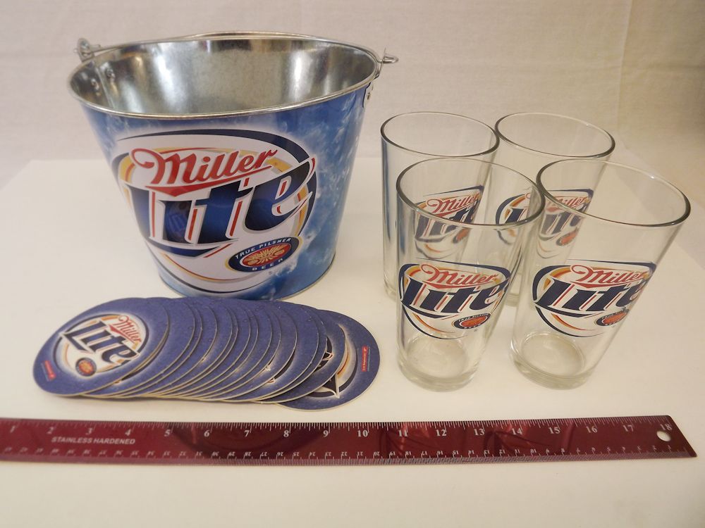 20pc Miller Light Gift Bucket Set 1 Bucket 4 Glasses 15 Coasters