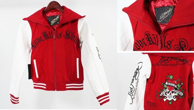 Ed Hardy Womens Jacket Winter Baseball Bomber Jacket New Red