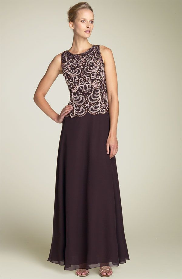 NWT J Kara Beaded Mock Two Piece Chiffon Gown Brown/Champagne/Copper