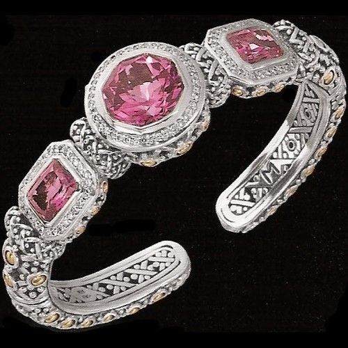 JOHN HARDY BATU SARI SS 18K GOLD DIAMOND MYSTIC PINK TOPAZ CUFF BRACELET OVER 3K  