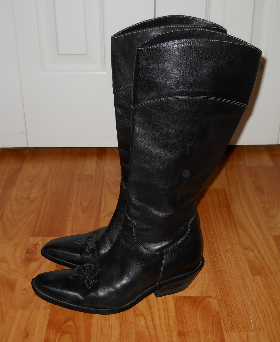 John Fluevog Boots Black Leather Tall Western Style Size 7 M Wide Calf  