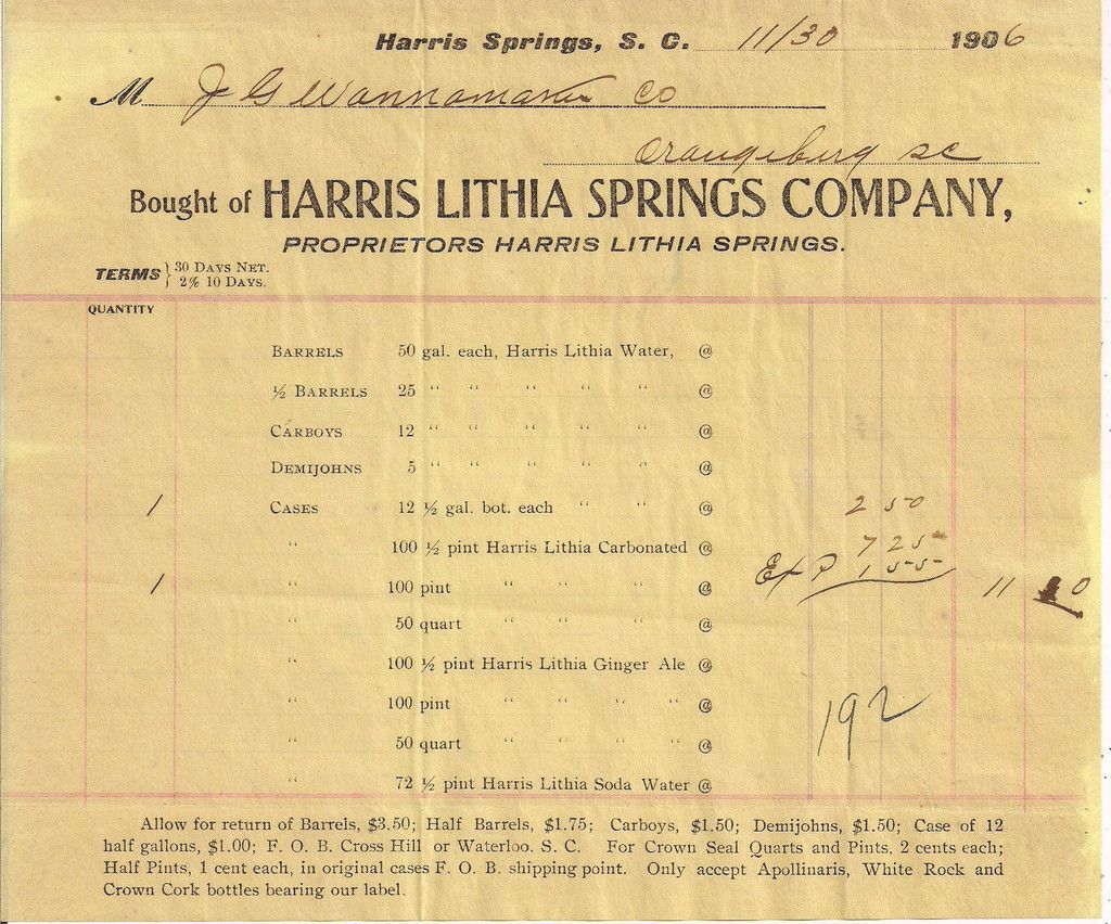 1906 Harris Lithia Springs South Carolina Billhead  