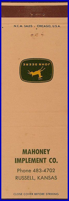 1960s Mahoney John Deere Matchcover Russell KS  