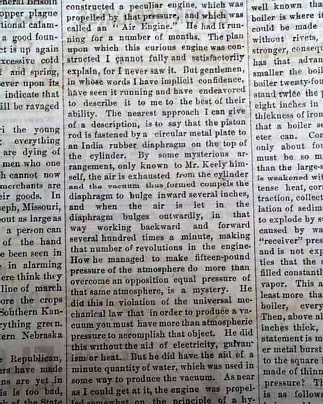 1875 John Ernst Worrell Keely New Motor Vaporic Invention Scam Old Newspaper  