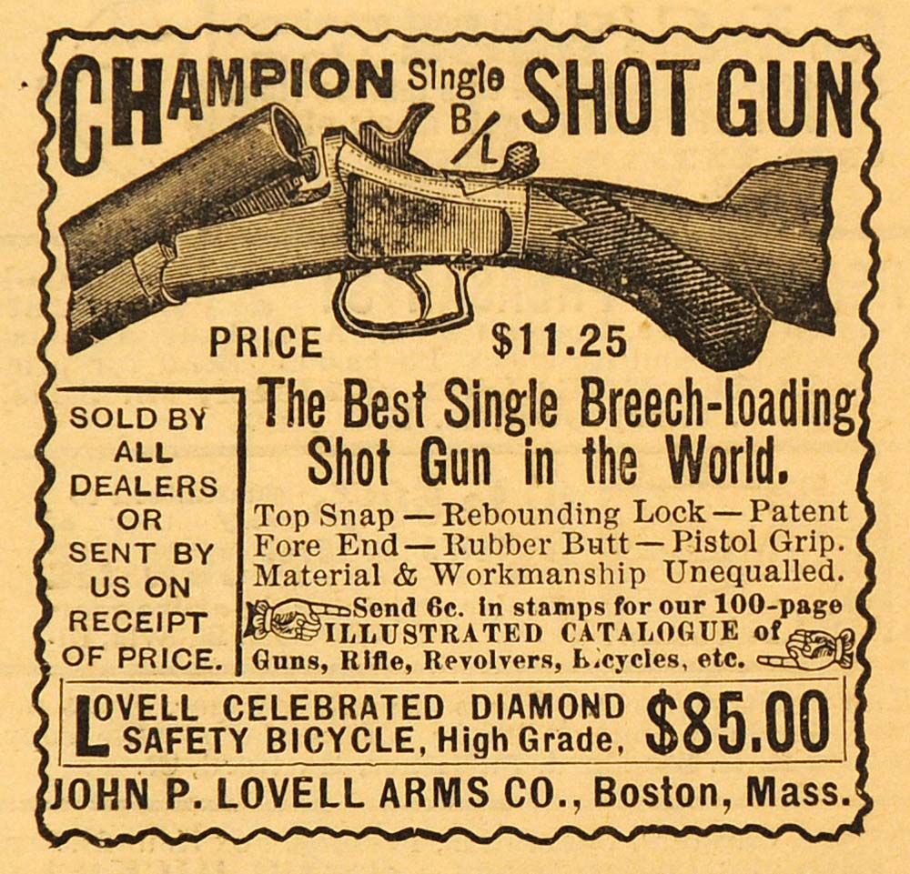 1891 Ad John P Lovell Champion Single Shot Gun Rifle Firearm Hunting Pistol  